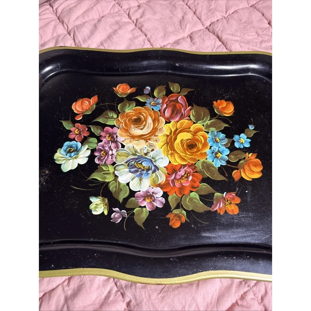 Vintage Black Metal Tray Colorful Roses Floral Table Sitter Or Mount To Wall